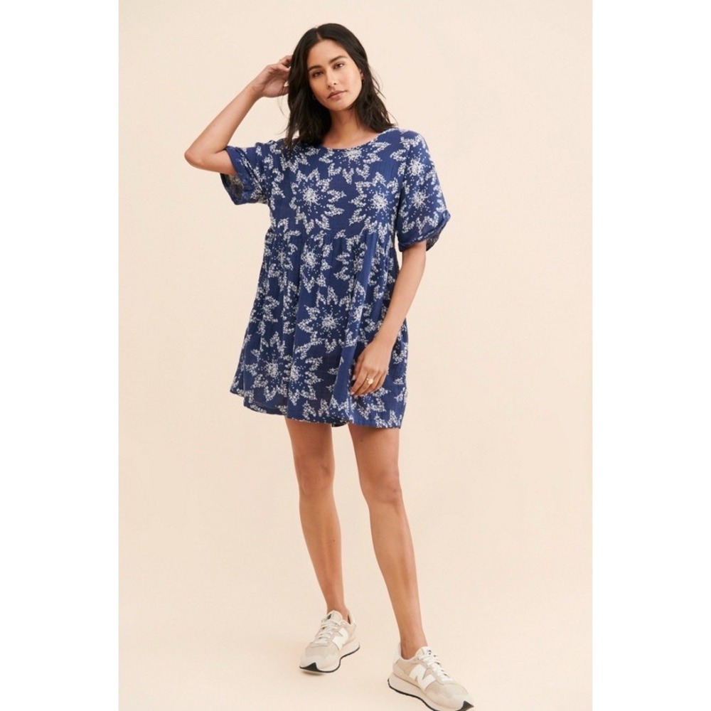 Free‎ People Belezza Printed Babydoll Dress Blue Scoop Neck Pull On Size Small